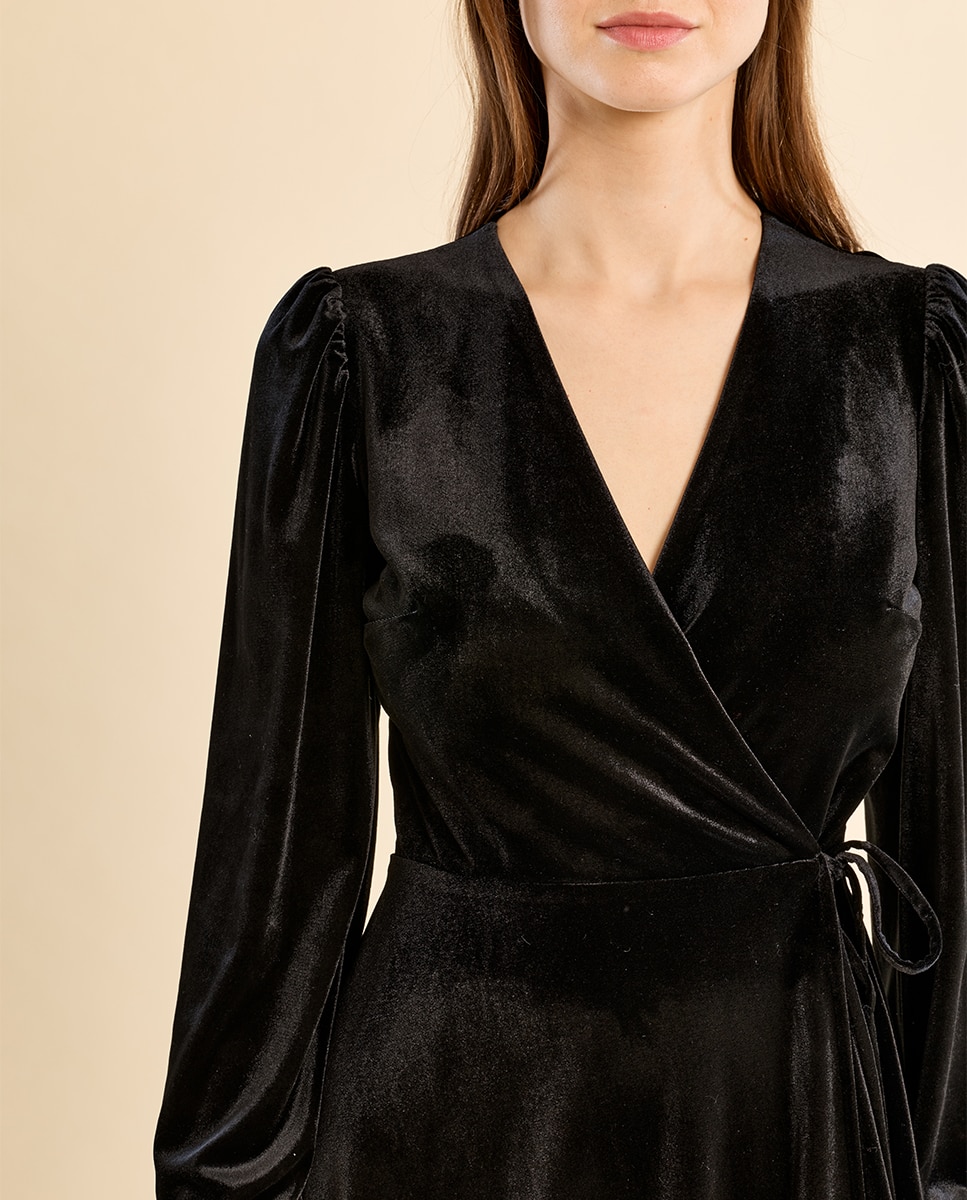 Vestido corto de manga larga aterciopelado - Molly Bracken - Negro Negro-5