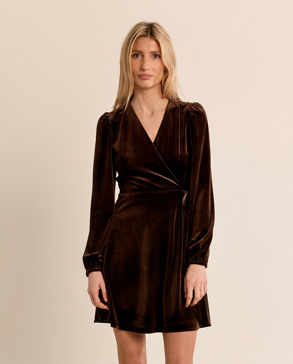 Vestido corto de manga larga aterciopelado - Molly Bracken - Marrón chocolate Marrón chocolate-2