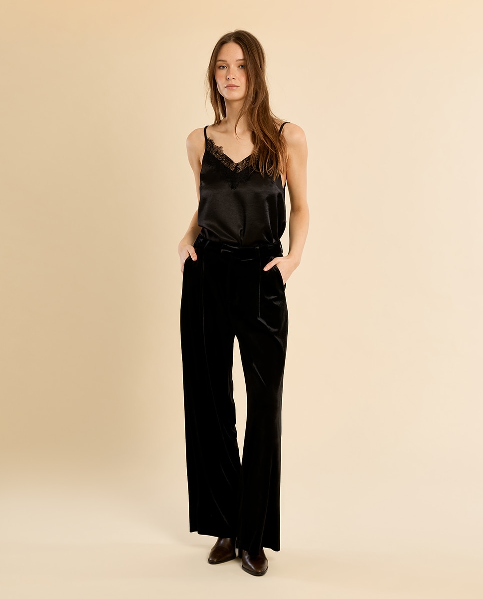 Pantalón de mujer largo aterciopelado - Molly Bracken - Negro Negro-1