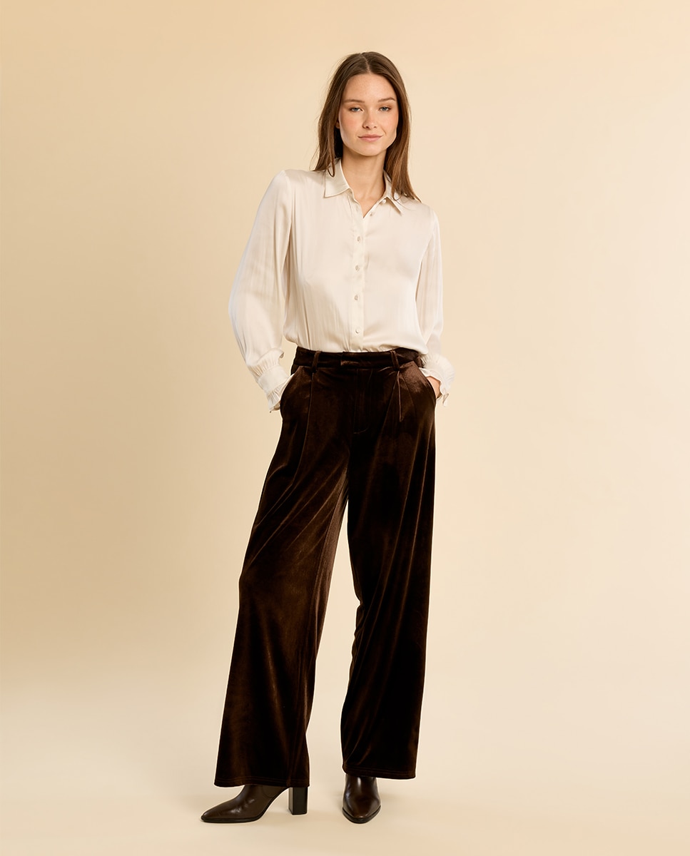 Pantalón de mujer largo aterciopelado - Molly Bracken - Marrón chocolate Marrón chocolate-1