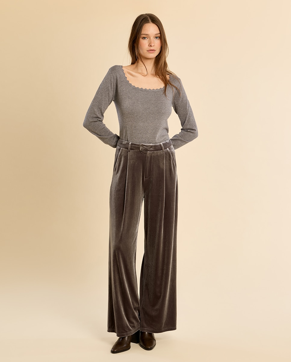 Pantalón de mujer largo aterciopelado - Molly Bracken - Gris Gris-1
