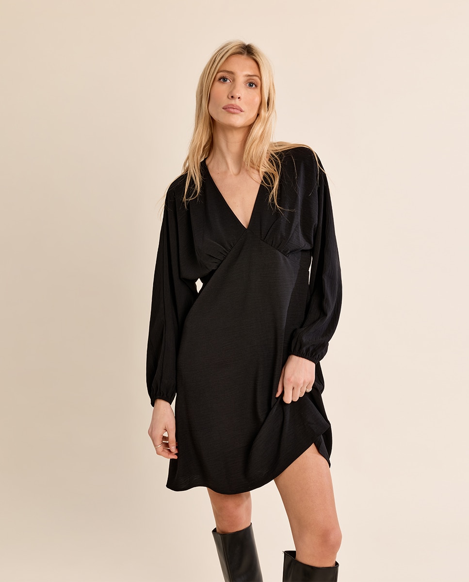 Vestido corto de manga larga obispo - Molly Bracken - Negro Negro-3