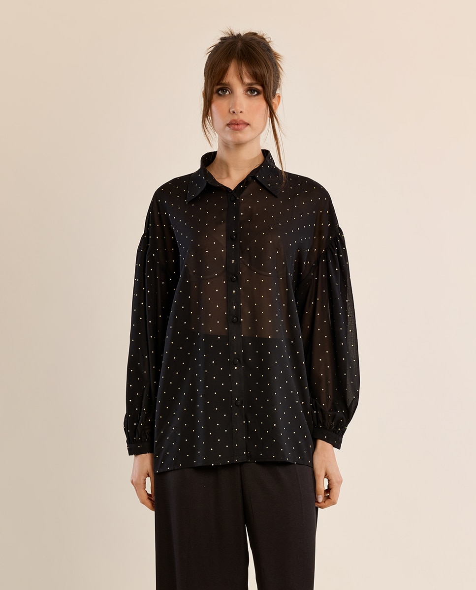 Camisa de mujer de manga larga detalle lunares - Molly Bracken - Negro Negro-2