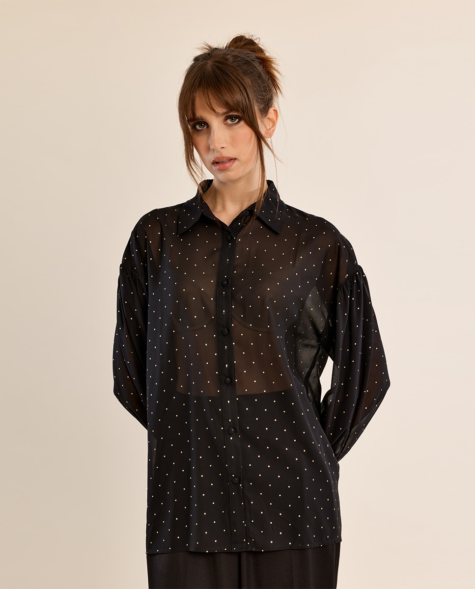 Camisa de mujer de manga larga detalle lunares - Molly Bracken - Negro Negro-3