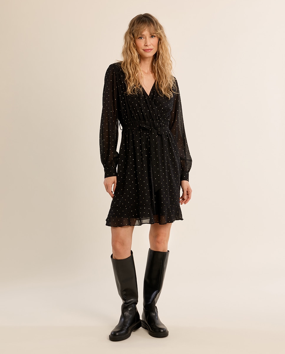 Vestido corto con lazada y estampado - Molly Bracken - Negro Negro-1