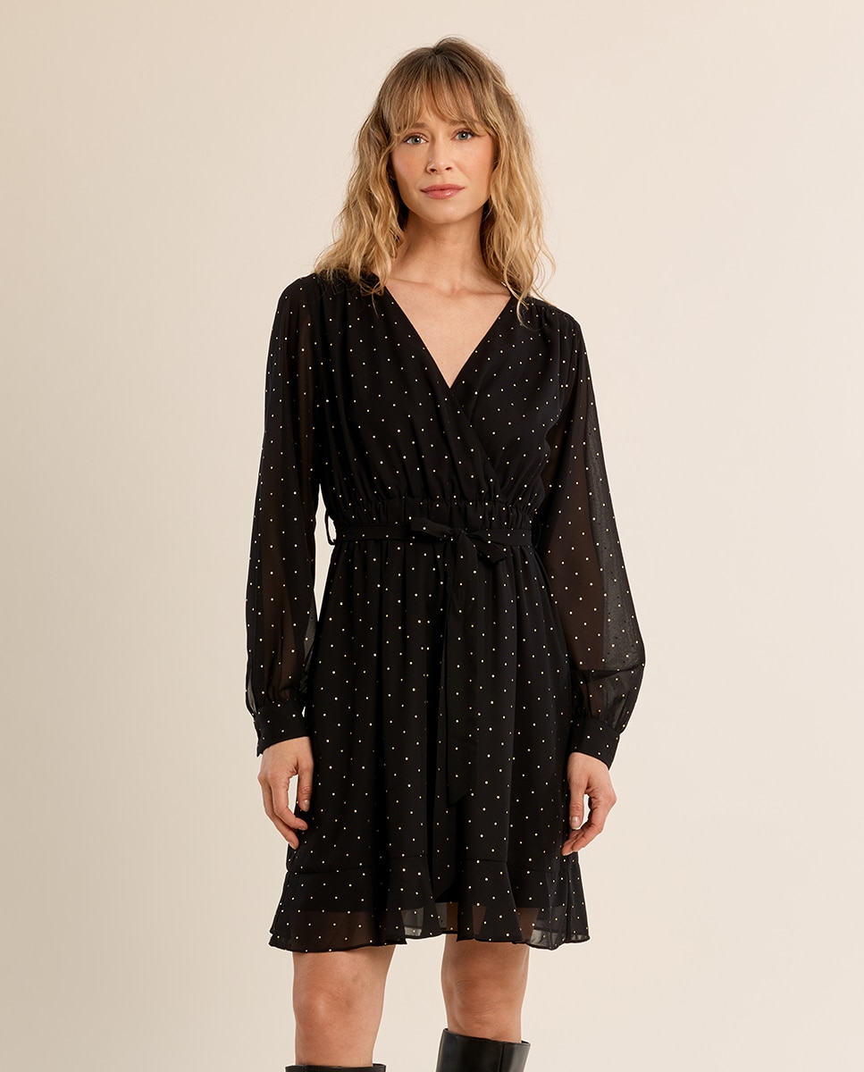 Vestido corto con lazada y estampado - Molly Bracken - Negro Negro-2