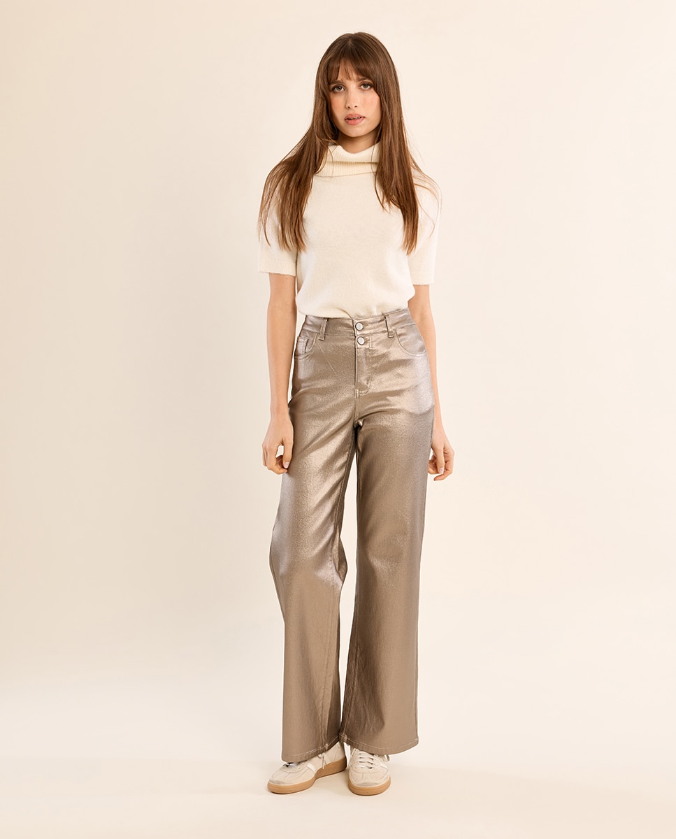Pantalón de mujer largo tejido brillante - Molly Bracken - Oro Oro-1