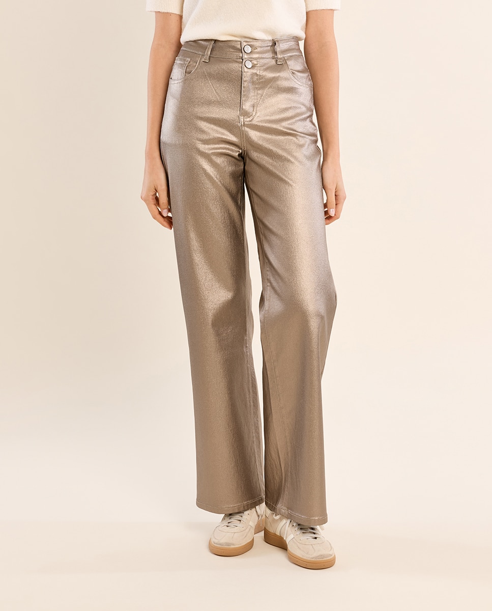 Pantalón de mujer largo tejido brillante - Molly Bracken - Oro Oro-2