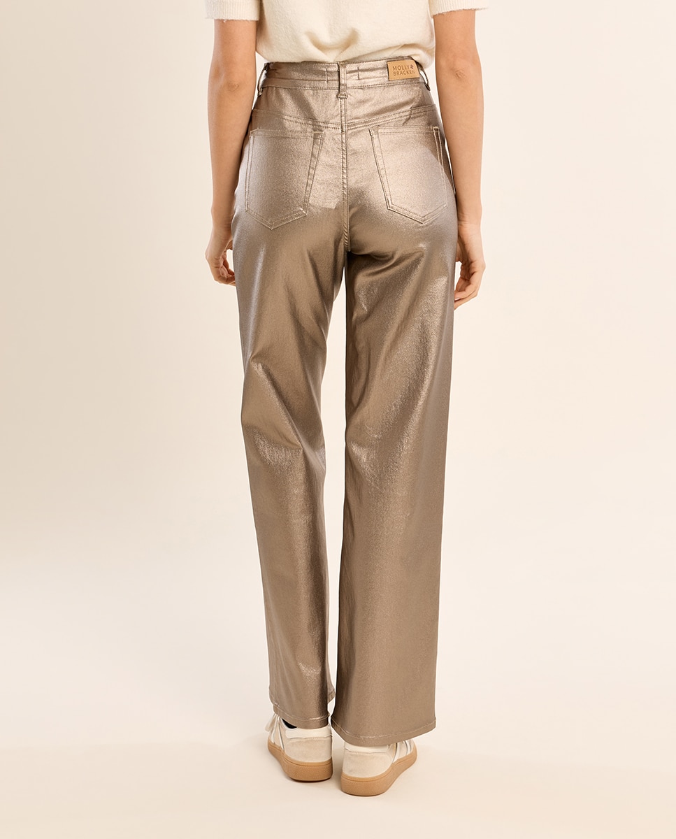 Pantalón de mujer largo tejido brillante - Molly Bracken - Oro Oro-4