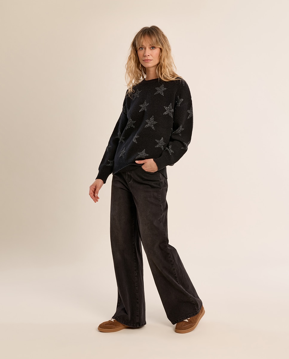 Jersey de mujer de manga larga motivo estrellas - Molly Bracken - Negro Negro-1