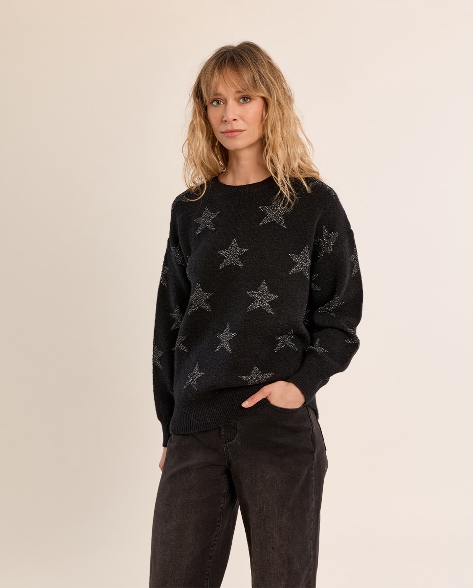 Jersey de mujer de manga larga motivo estrellas - Molly Bracken - Negro Negro-3