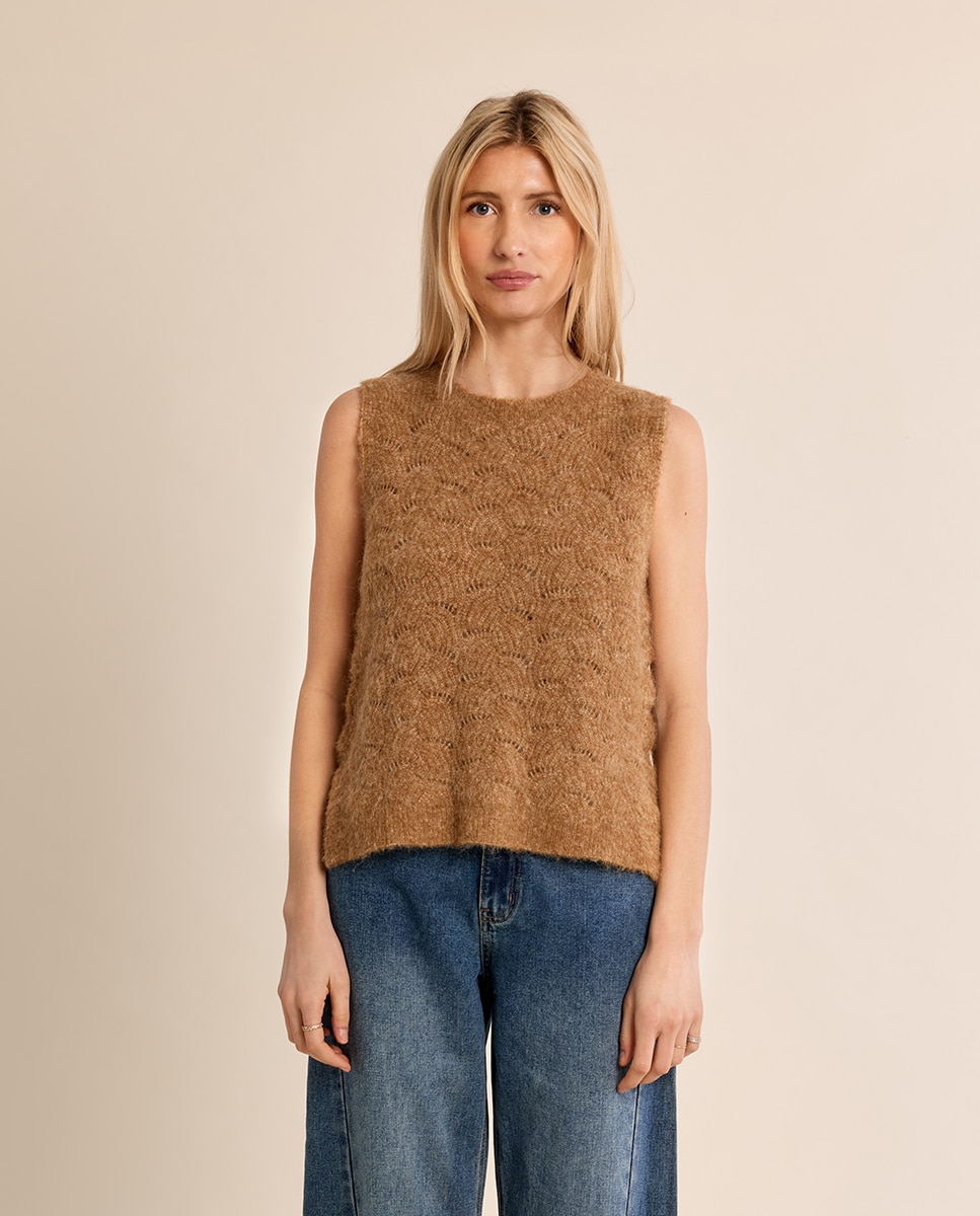 Jersey de mujer de manga sisa en punto mezclado - Molly Bracken - Camel Camel-2