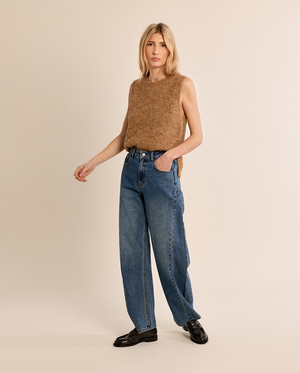Jersey de mujer de manga sisa en punto mezclado - Molly Bracken - Camel Camel-3