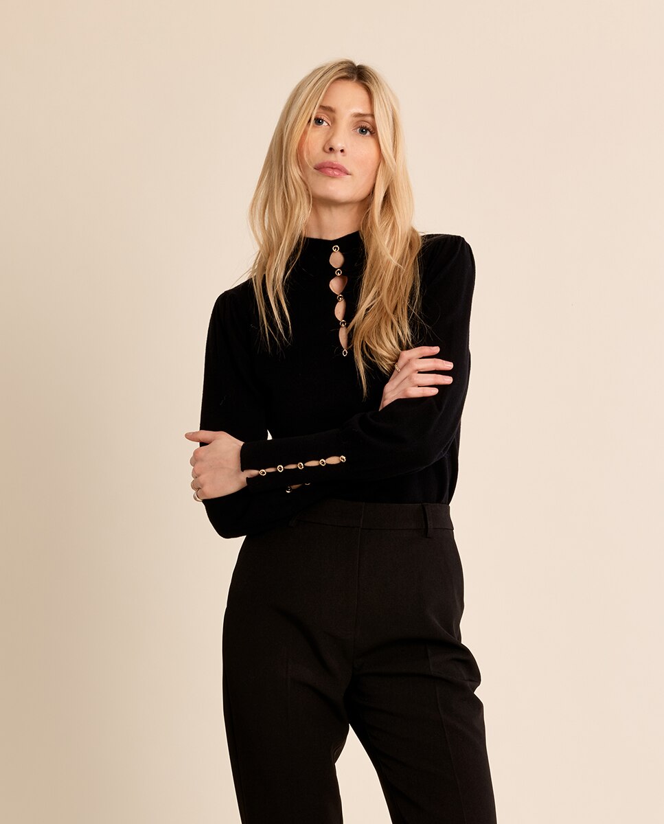 Jersey de mujer de manga larga detalle aberturas - Molly Bracken - Negro Negro-3