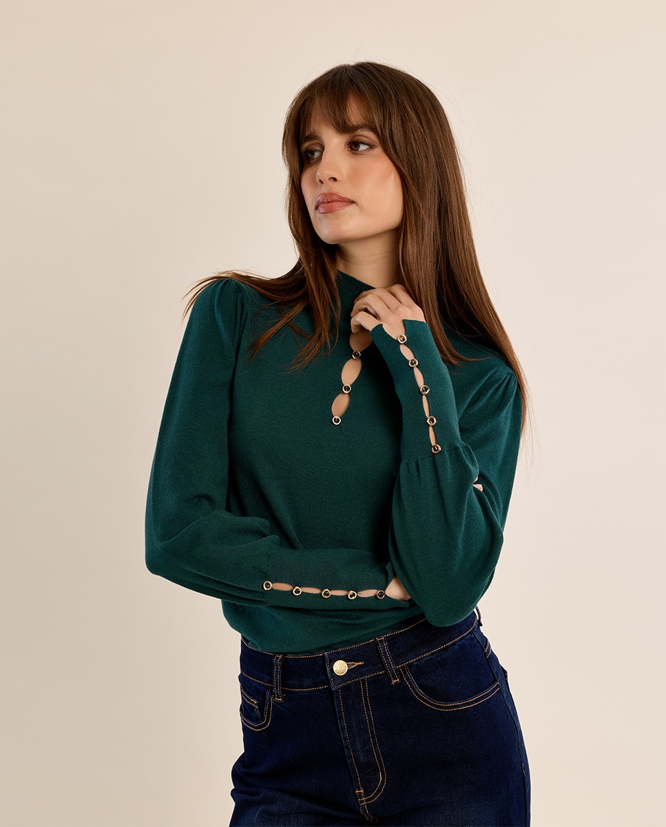 Jersey de mujer de manga larga detalle aberturas - Molly Bracken - Verde oscuro Verde oscuro-3