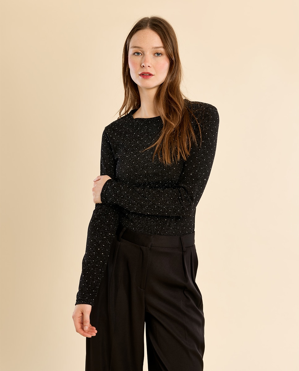 Jersey de mujer de manga larga detalle lunares - Molly Bracken - Negro Negro-3