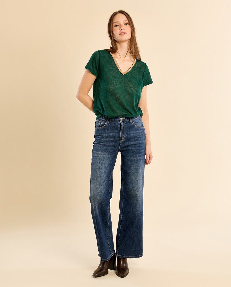 Camiseta de mujer de manga corta detalle ribete - Molly Bracken - Verde oscuro Verde oscuro-1