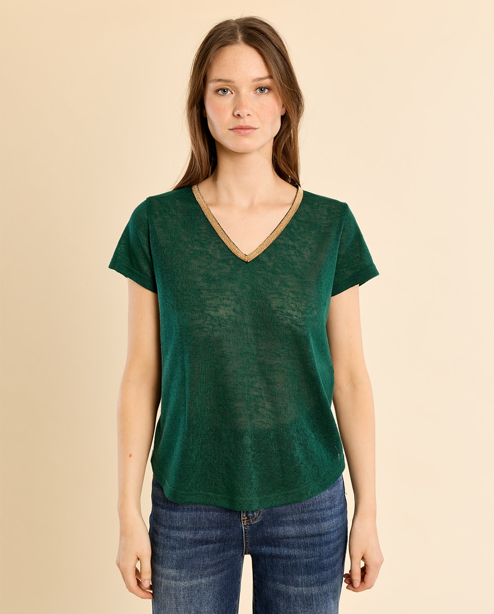 Camiseta de mujer de manga corta detalle ribete - Molly Bracken - Verde oscuro Verde oscuro-2
