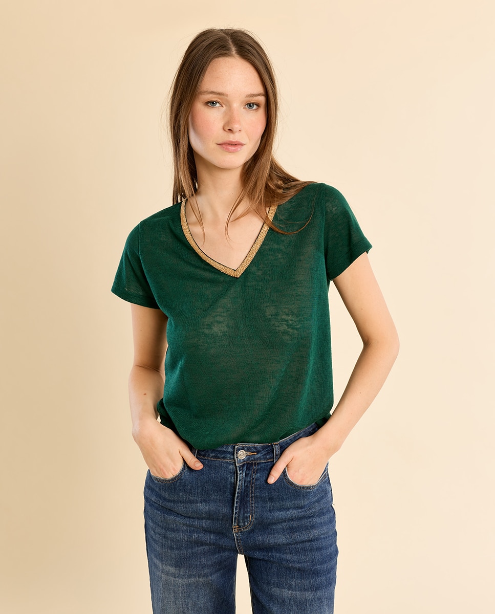 Camiseta de mujer de manga corta detalle ribete - Molly Bracken - Verde oscuro Verde oscuro-3