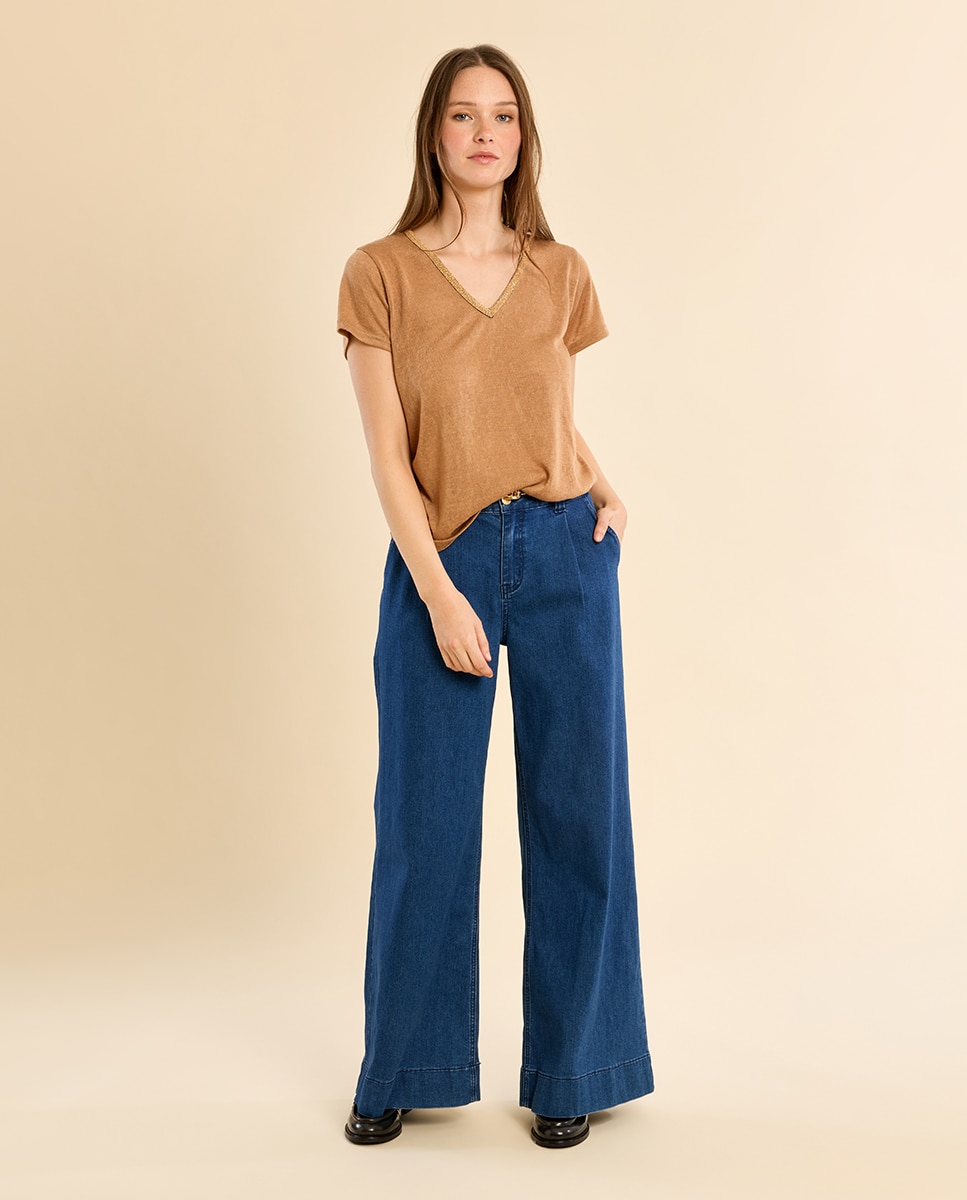 Camiseta de mujer de manga corta detalle ribete - Molly Bracken - Camel Camel-1