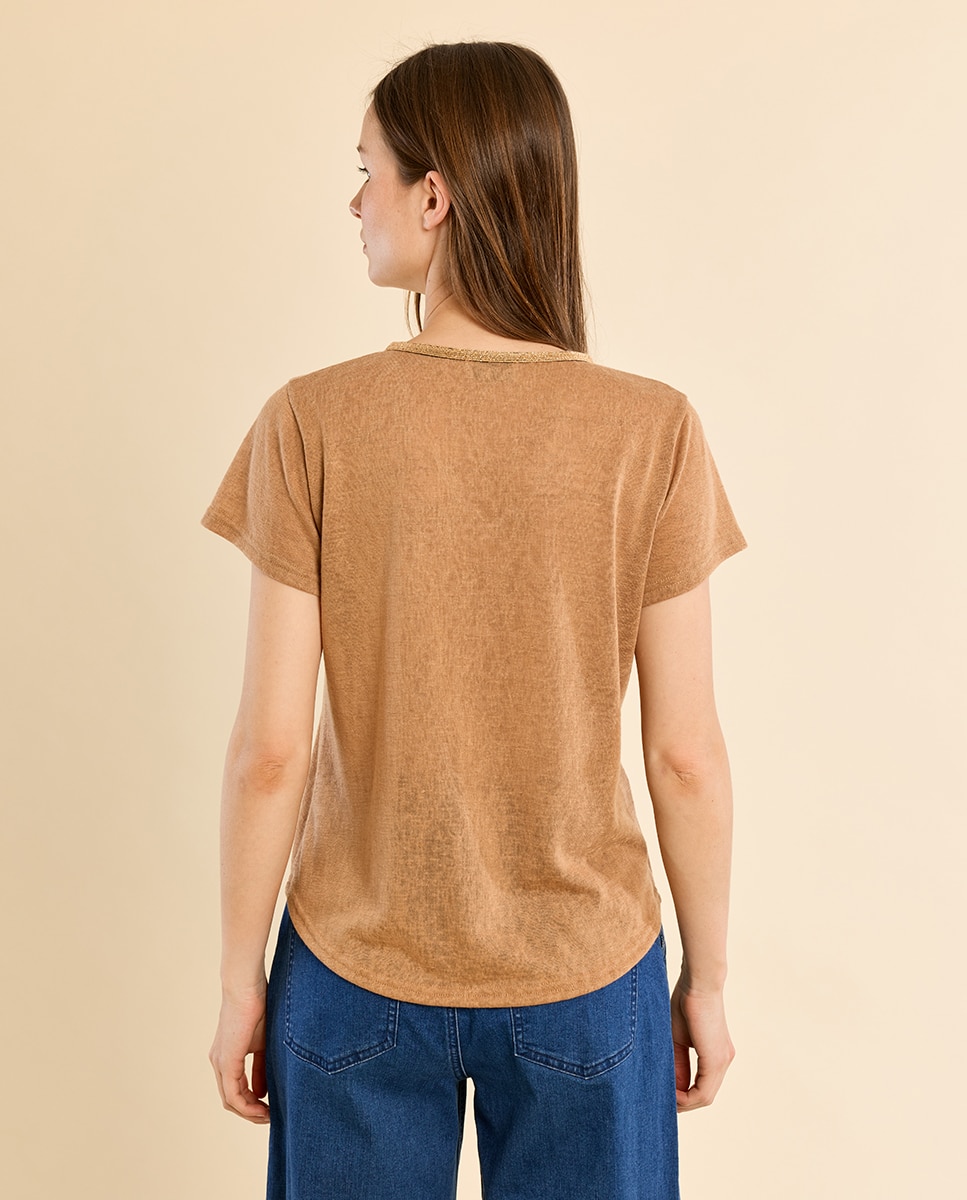 Camiseta de mujer de manga corta detalle ribete - Molly Bracken - Camel Camel-4