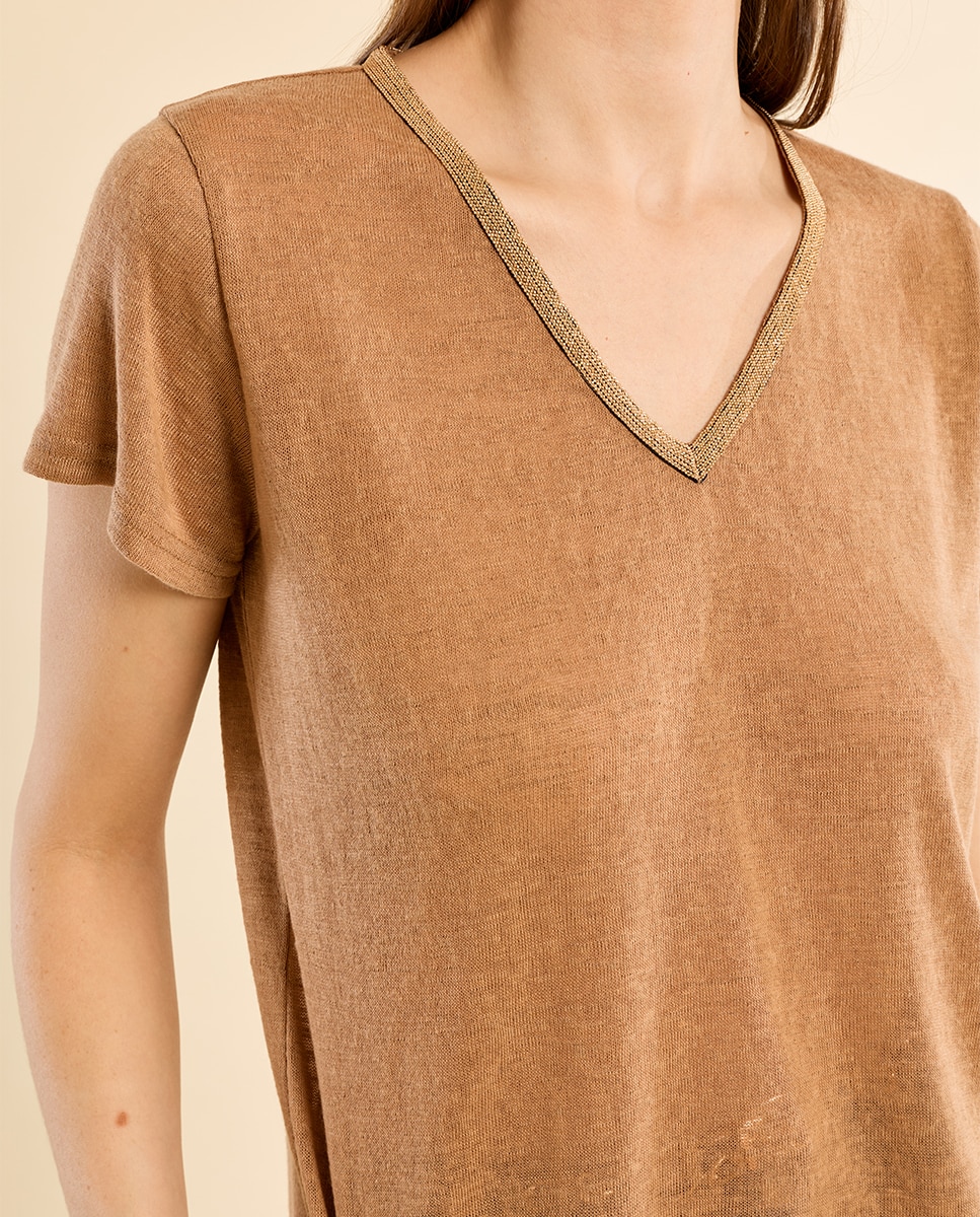 Camiseta de mujer de manga corta detalle ribete - Molly Bracken - Camel Camel-5