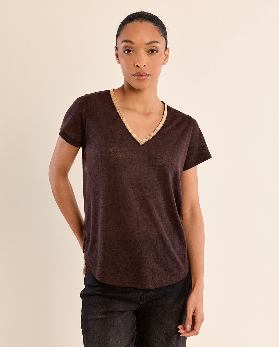 Camiseta de mujer de manga corta detalle ribete - Molly Bracken - Marrón chocolate Marrón chocolate-3