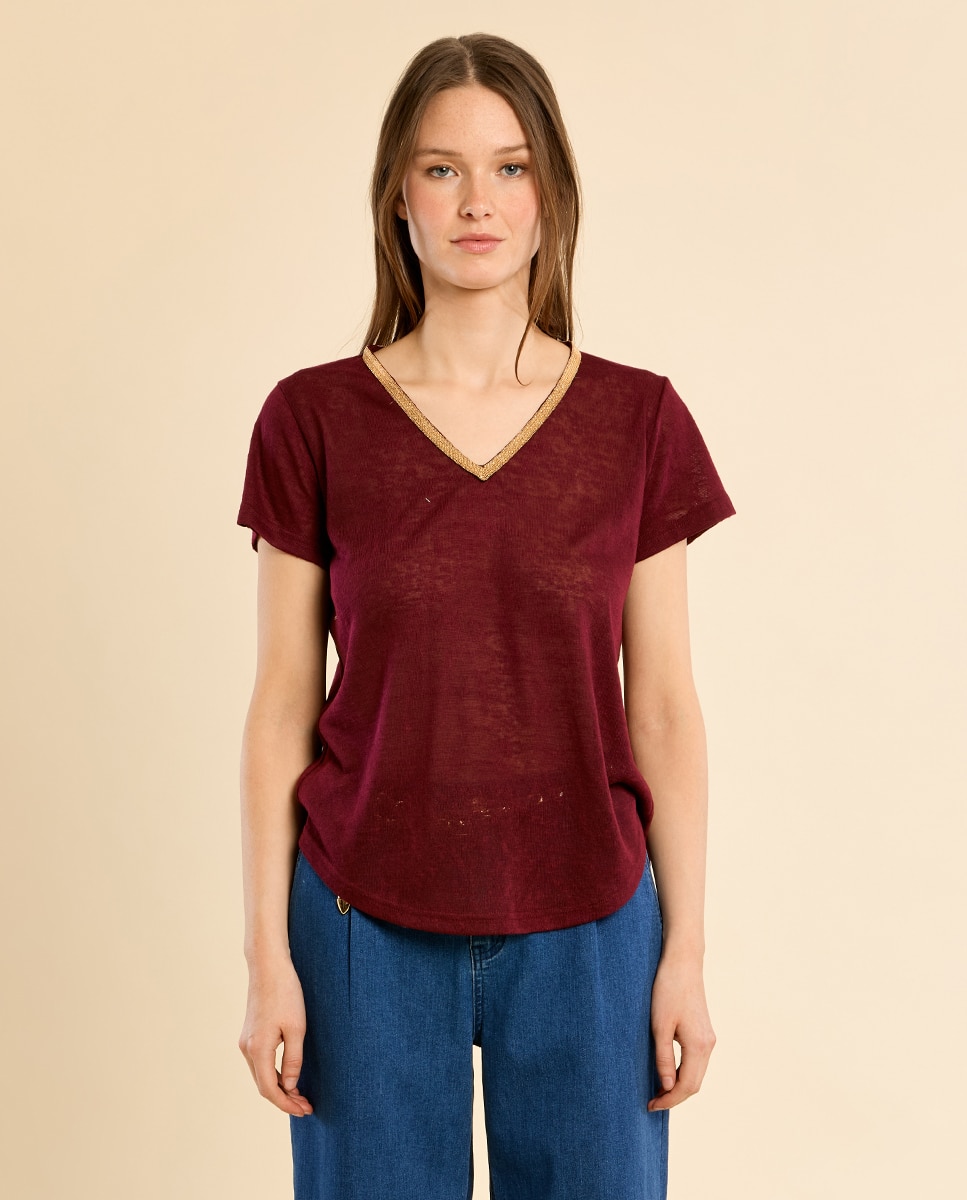 Camiseta de mujer de manga corta detalle ribete - Molly Bracken - Morado Morado-2