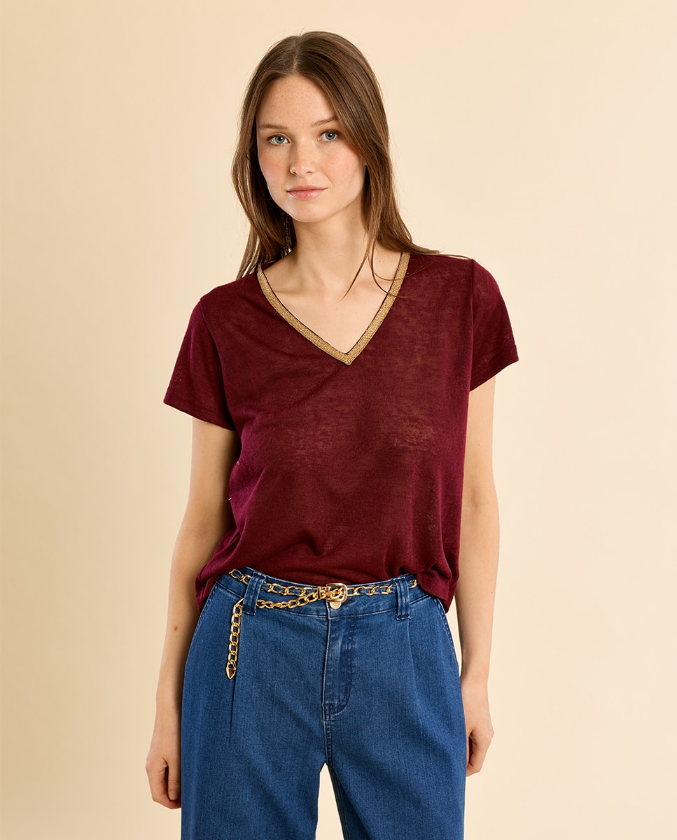 Camiseta de mujer de manga corta detalle ribete - Molly Bracken - Morado Morado-3