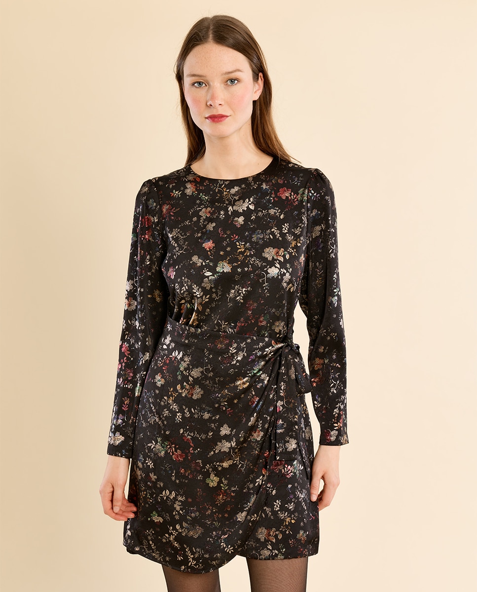 Vestido de manga larga con estampado y lazada - Molly Bracken - Negro Negro-2