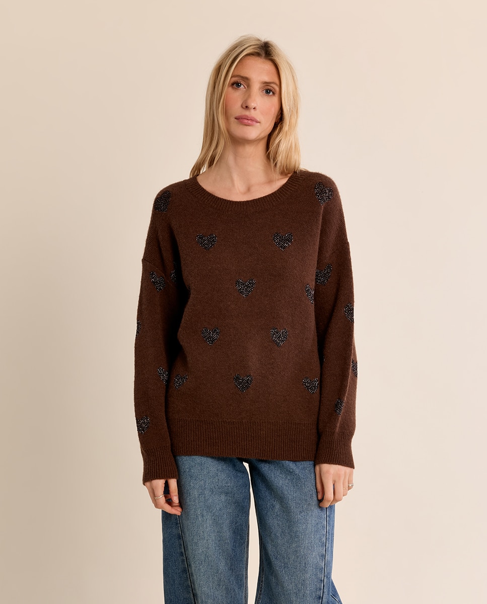 Jersey de mujer de manga larga estampado corazones - Molly Bracken - Marrón chocolate Marrón chocolate-2