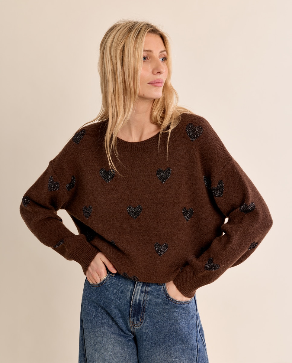 Jersey de mujer de manga larga estampado corazones - Molly Bracken - Marrón chocolate Marrón chocolate-3