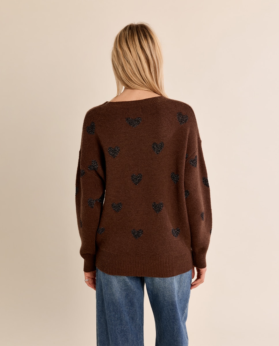 Jersey de mujer de manga larga estampado corazones - Molly Bracken - Marrón chocolate Marrón chocolate-4