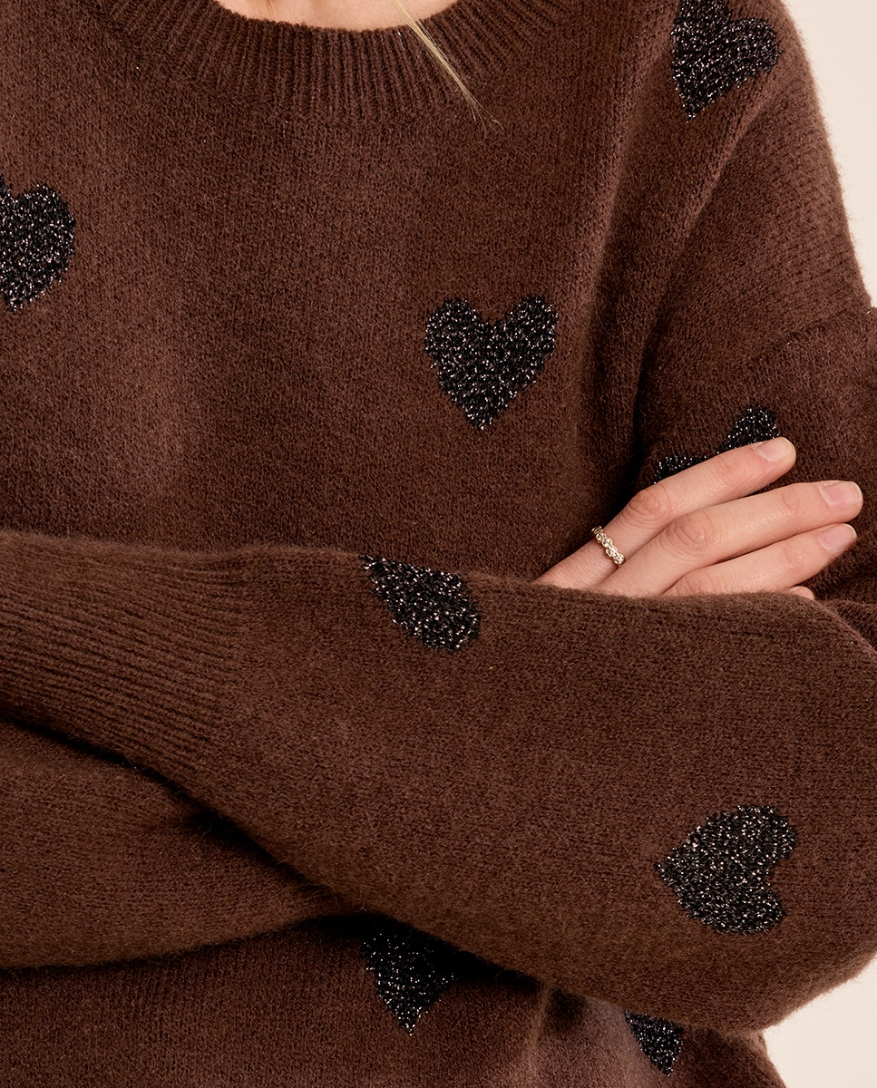 Jersey de mujer de manga larga estampado corazones - Molly Bracken - Marrón chocolate Marrón chocolate-5