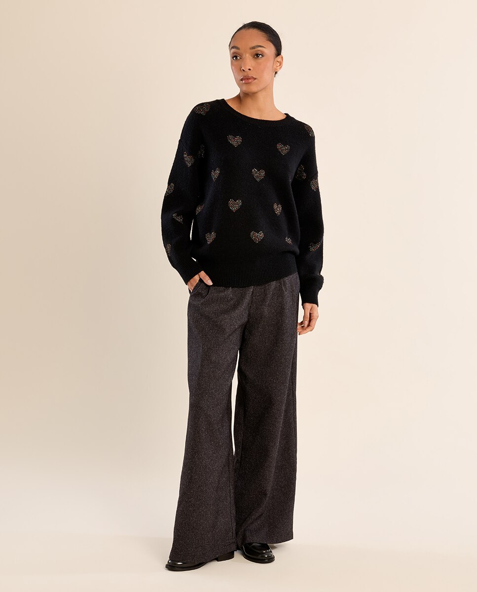 Jersey de mujer de manga larga estampado corazones - Molly Bracken - Negro Negro-1