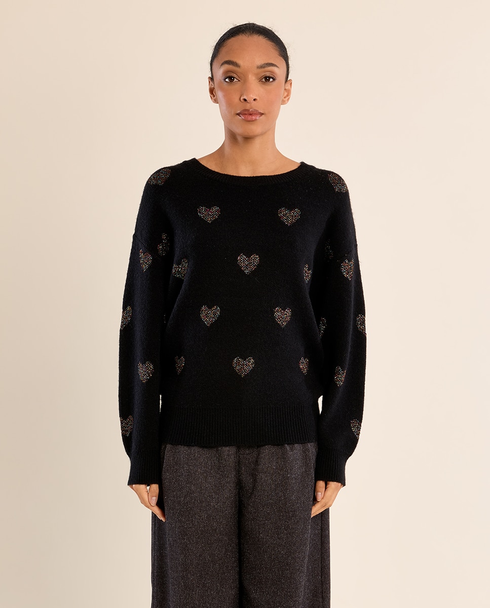 Jersey de mujer de manga larga estampado corazones - Molly Bracken - Negro Negro-2