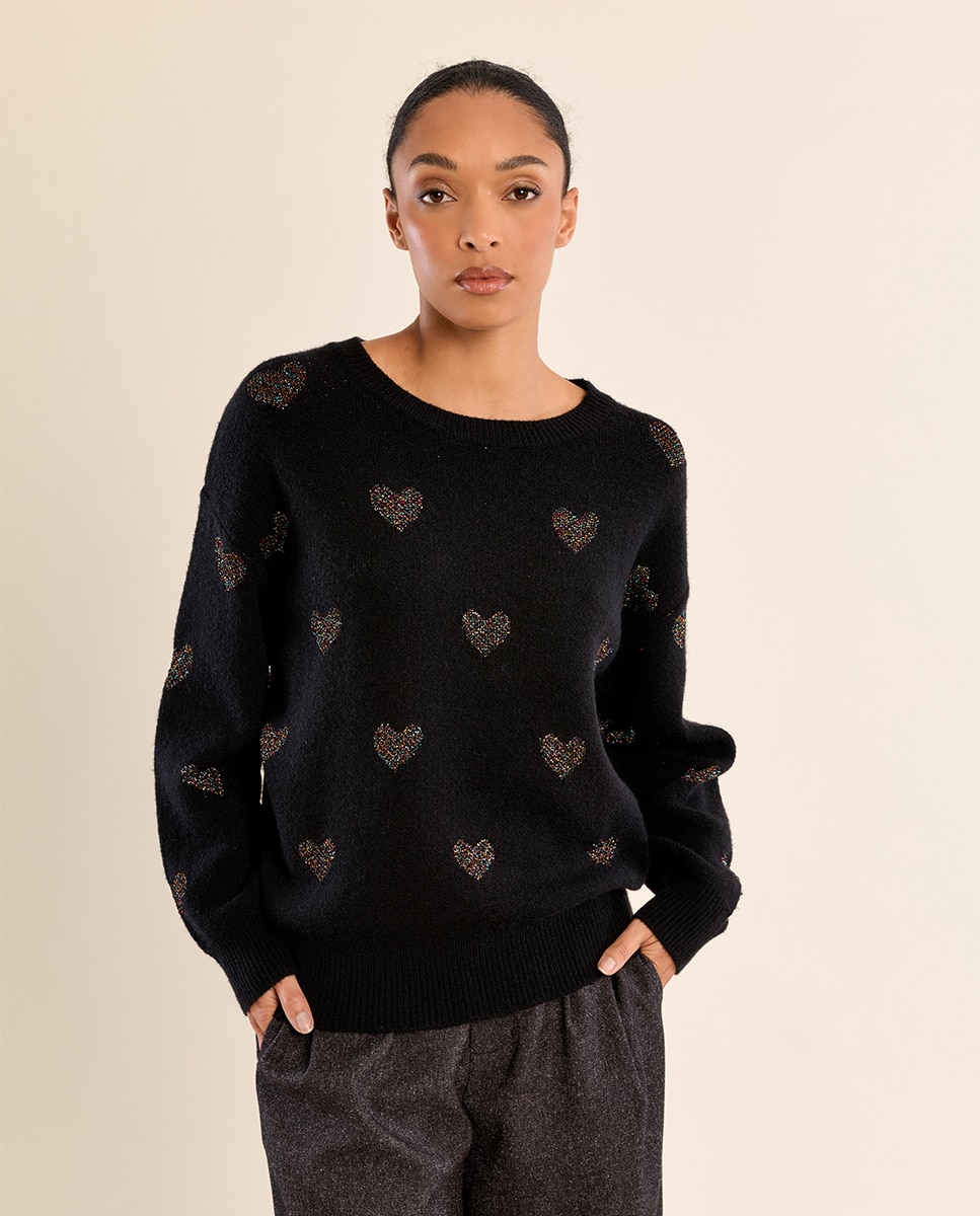 Jersey de mujer de manga larga estampado corazones - Molly Bracken - Negro Negro-3