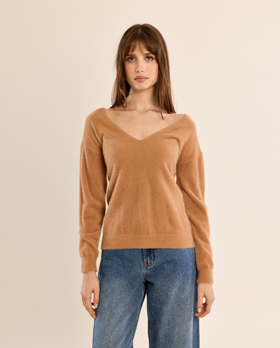 Jersey de mujer de manga larga cuello en v - Molly Bracken - Camel Camel-2