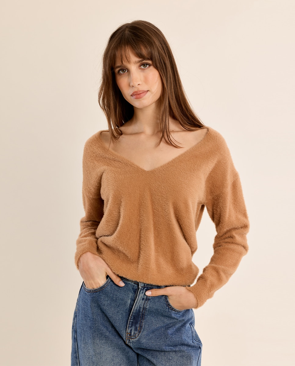 Jersey de mujer de manga larga cuello en v - Molly Bracken - Camel Camel-3