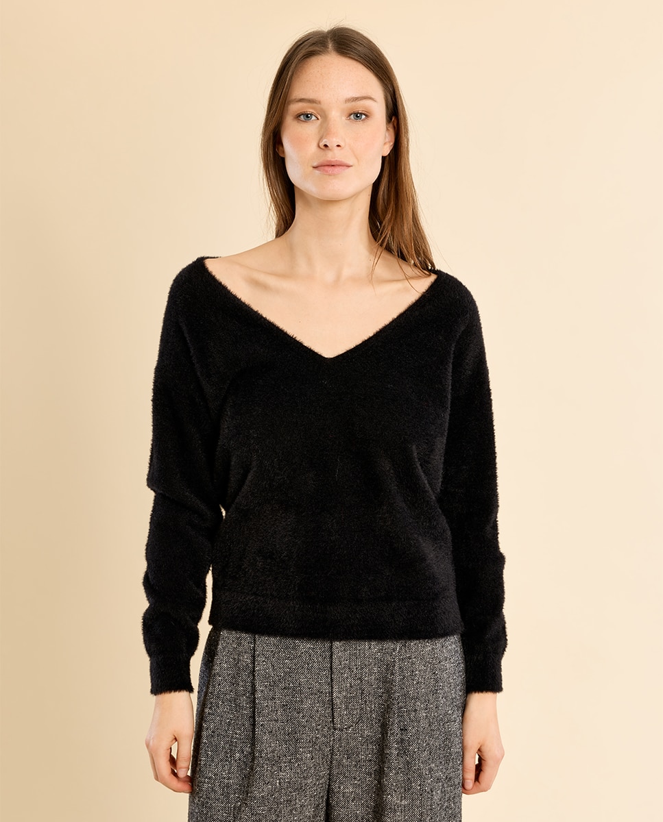 Jersey de mujer de manga larga cuello en v - Molly Bracken - Negro Negro-2