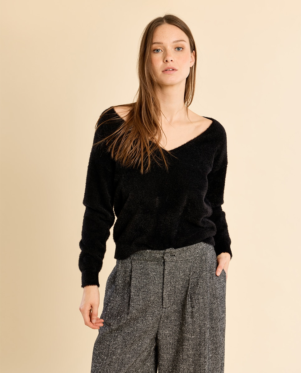 Jersey de mujer de manga larga cuello en v - Molly Bracken - Negro Negro-3