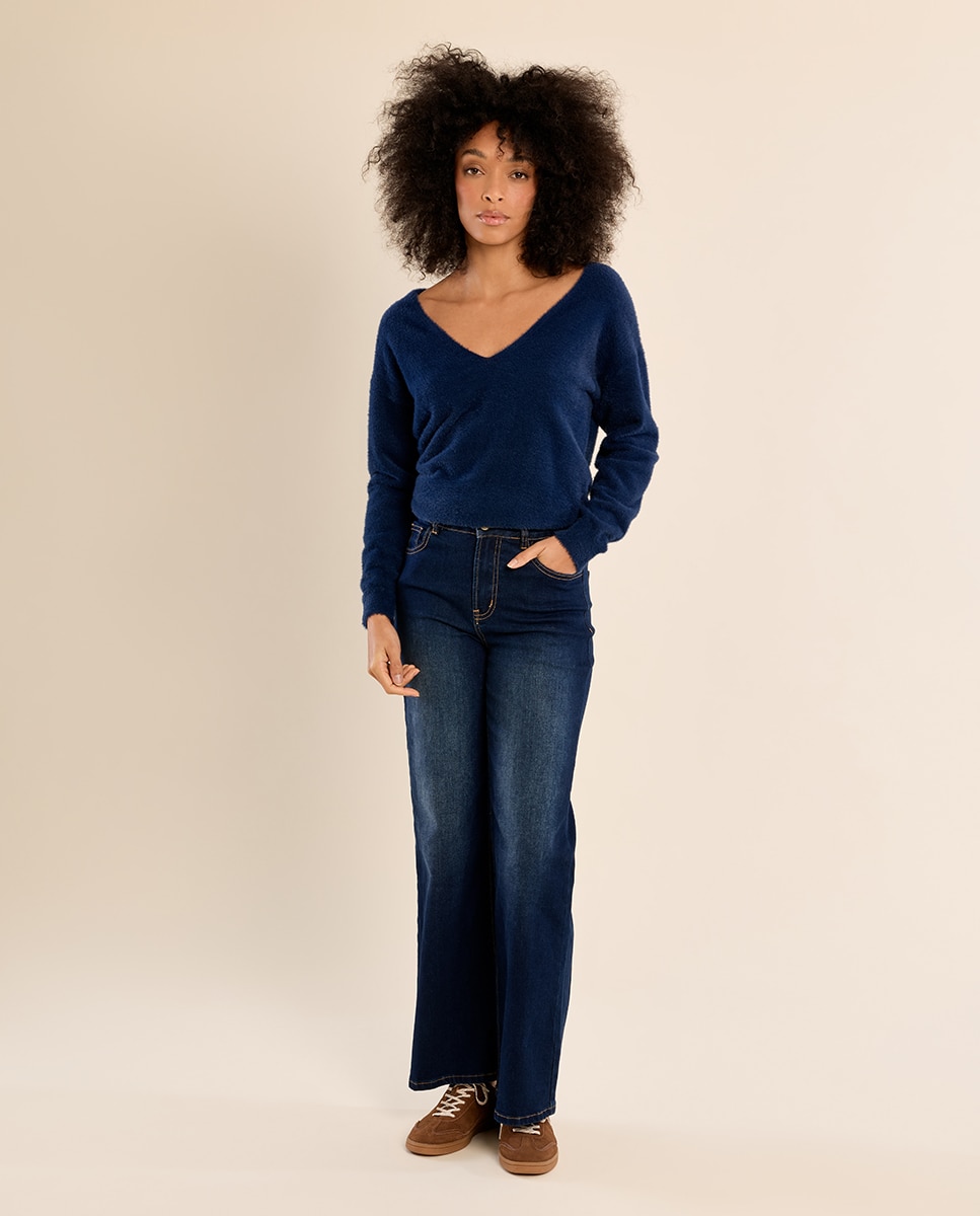 Jersey de mujer de manga larga cuello en v - Molly Bracken - Azul Azul-1