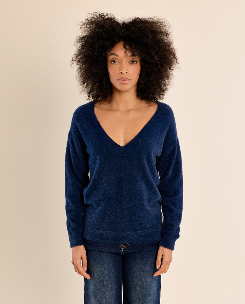 Jersey de mujer de manga larga cuello en v - Molly Bracken - Azul Azul-2