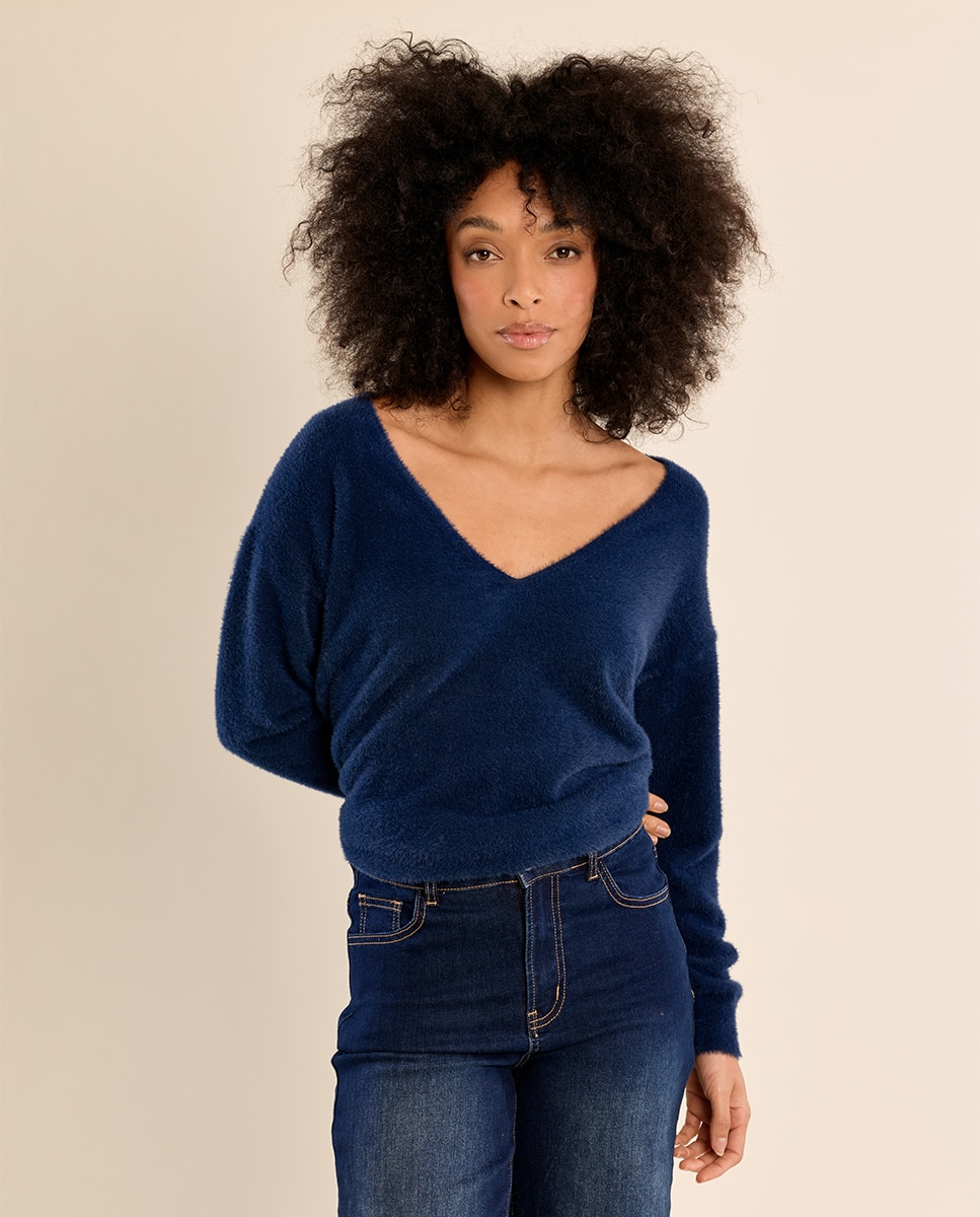 Jersey de mujer de manga larga cuello en v - Molly Bracken - Azul Azul-3