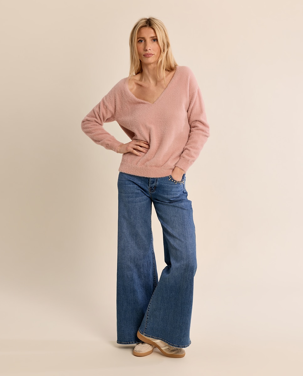 Jersey de mujer de manga larga cuello en v - Molly Bracken - Rosa Rosa-1