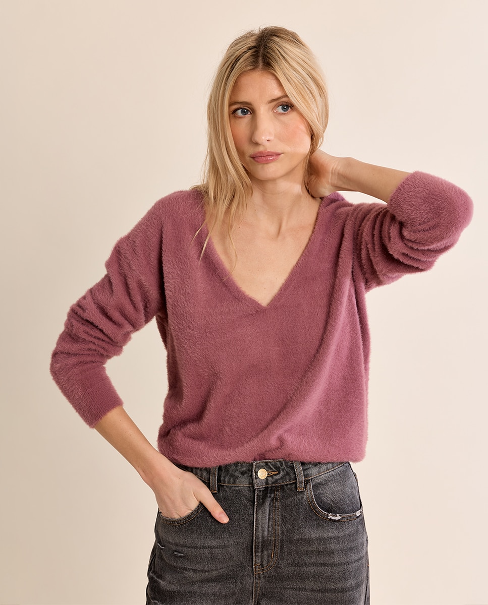 Jersey de mujer de manga larga cuello en v - Molly Bracken - Morado Morado-3