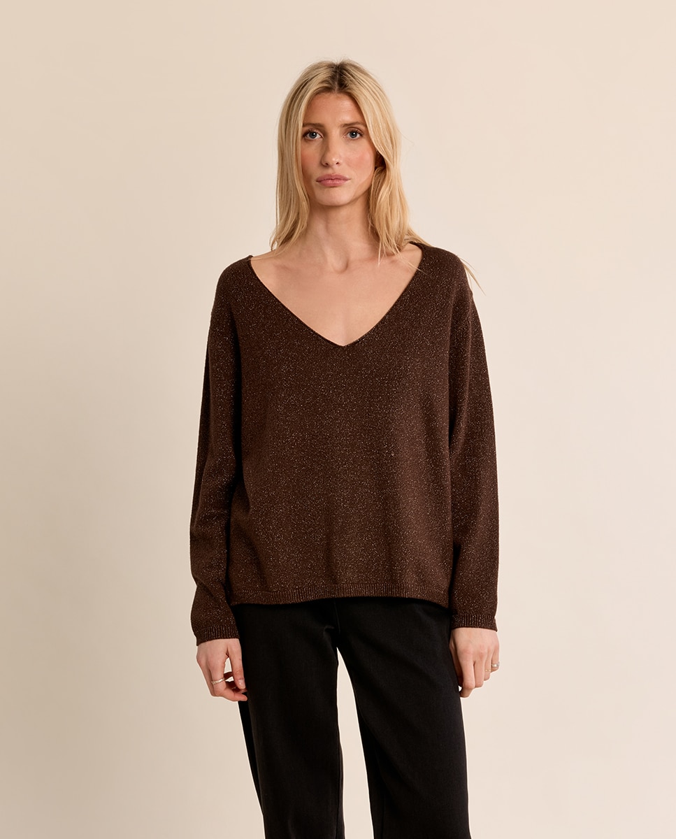 Jersey de mujer de manga larga cuello en v - Molly Bracken - Marrón chocolate Marrón chocolate-2