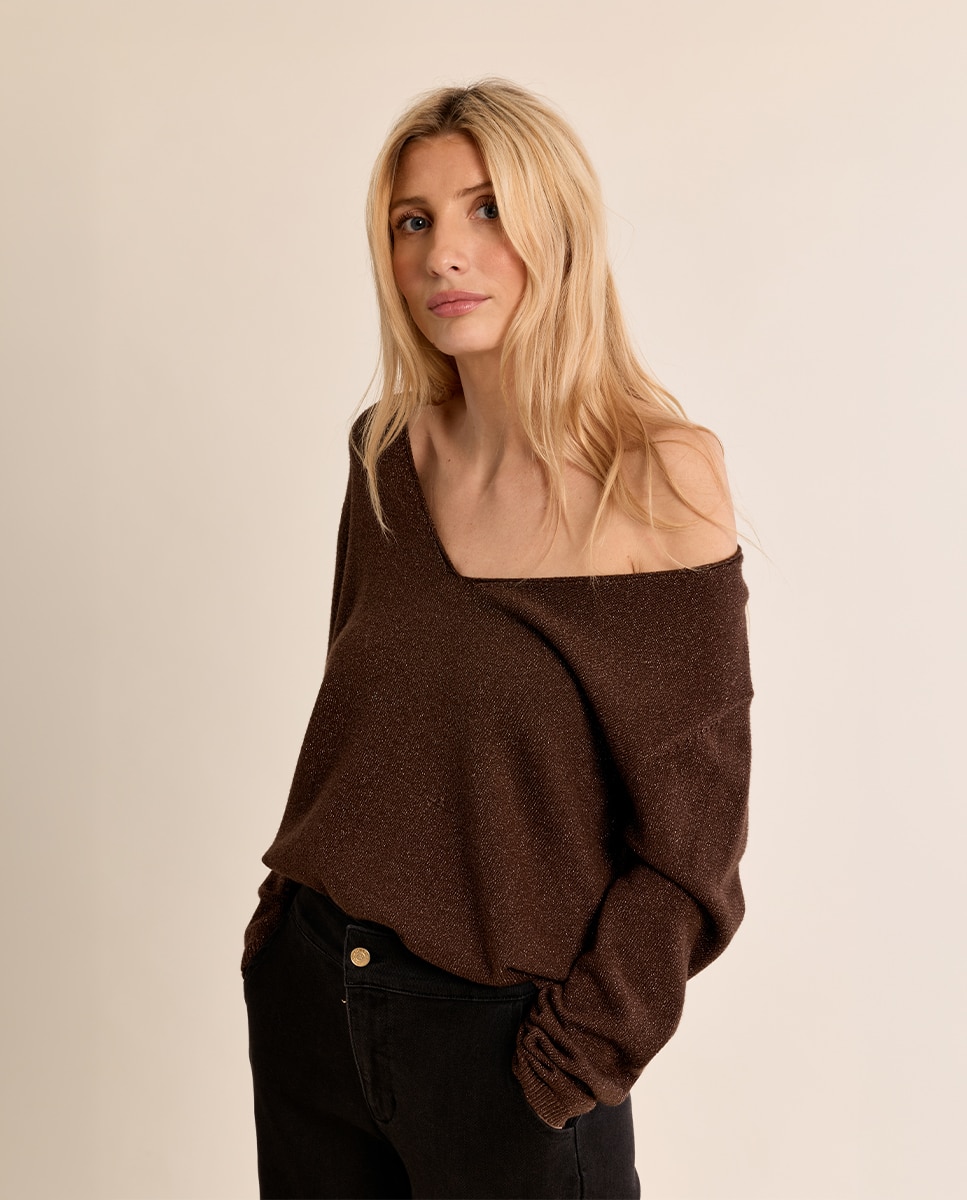 Jersey de mujer de manga larga cuello en v - Molly Bracken - Marrón chocolate Marrón chocolate-3