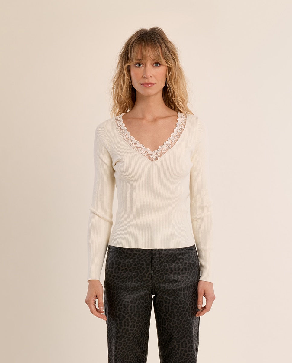 Jersey de mujer de manga larga detalle encaje - Molly Bracken - Crema Crema-2
