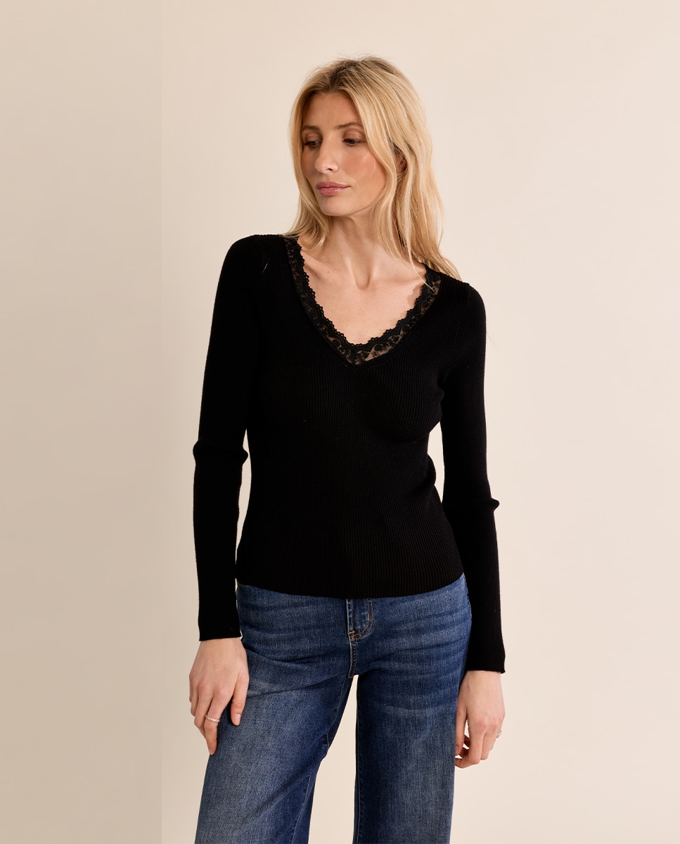 Jersey de mujer de manga larga detalle encaje - Molly Bracken - Negro Negro-2